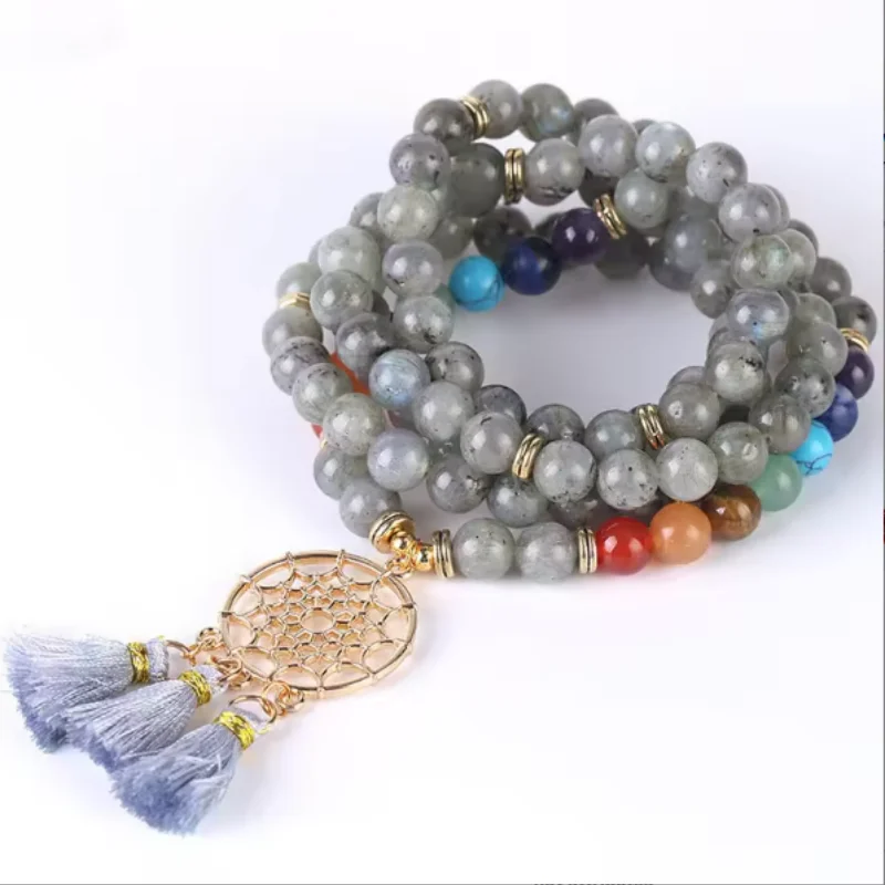 108 Mala Beaded Necklace for Women Jewelry Bohemian Dream Catching Tassel Pendant 8mm Amazonite Stone Prayer Japamala Necklace
