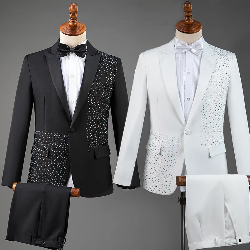 

2024 Men's New Stick-on Crystals Suit Set Host Singer Stage Performance Photo Studio Photography Suit Two Pieces