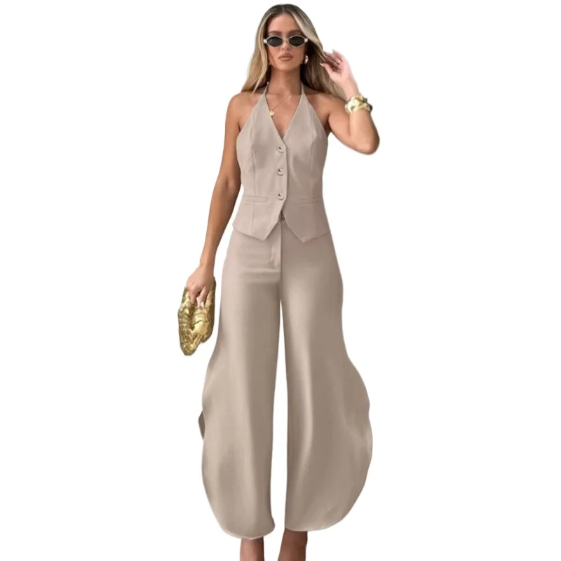 Summer Cross-border Women's Clothing Set Khaki Design Sense V-neck Sleeveless Vest Split Fork Scimitar Pants Two-piece Set  2026