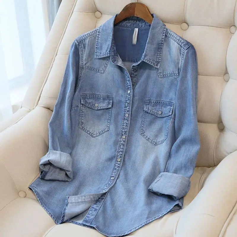 2024 New Spring Summer Women Denim Shirts Long Sleeve Loose Thin Jeans Shirts Tops