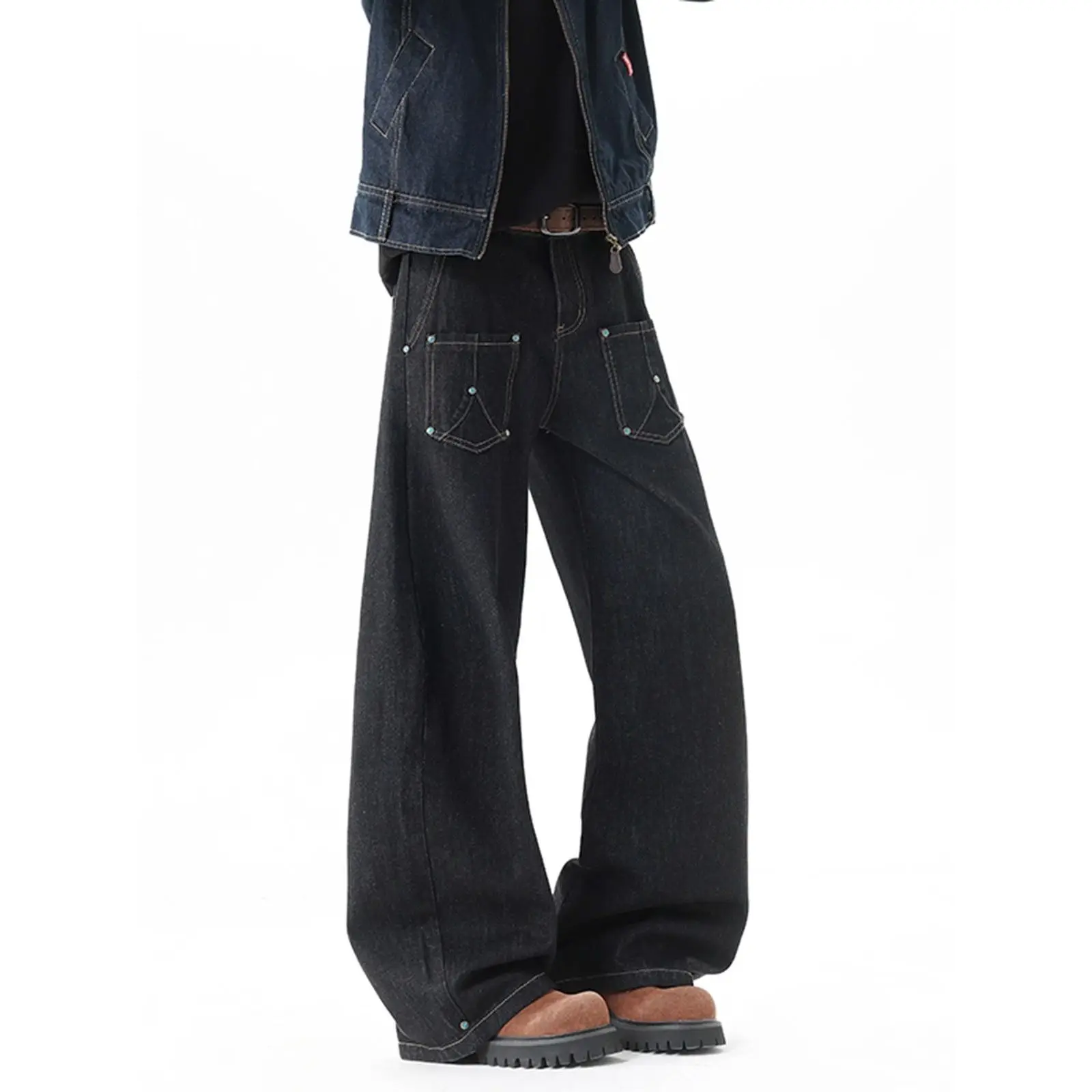 2026 Retro Black Bright Line Washed Scimitar Jeans High Street Design Wide Leg Trousers Show High Brand Trousers Joggers Men