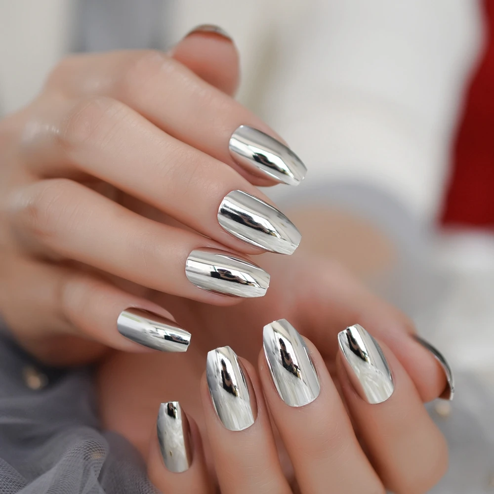 Sarg glänzend Punk Metallic Silbrig weiß Ballerina falsche künstliche Nägel Metallbeschichtung reflektierender Spiegel zum Aufdrücken von Fingernagelspitzen