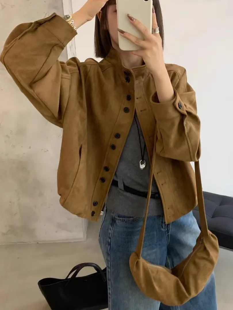 

Замшевый джет в стиле ретро с воротником-стойкой на одной пуговице, женский свободный универсальный топ-джат в тон с сумками, корейское пальто Sle ort