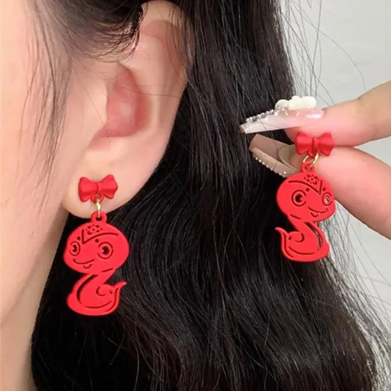 Red Snake Shaped Drop Earrings 2025 New Year Red Series Earrings Autumn and Winter Cute Animal Earrings Christmas Jewelry Gifts