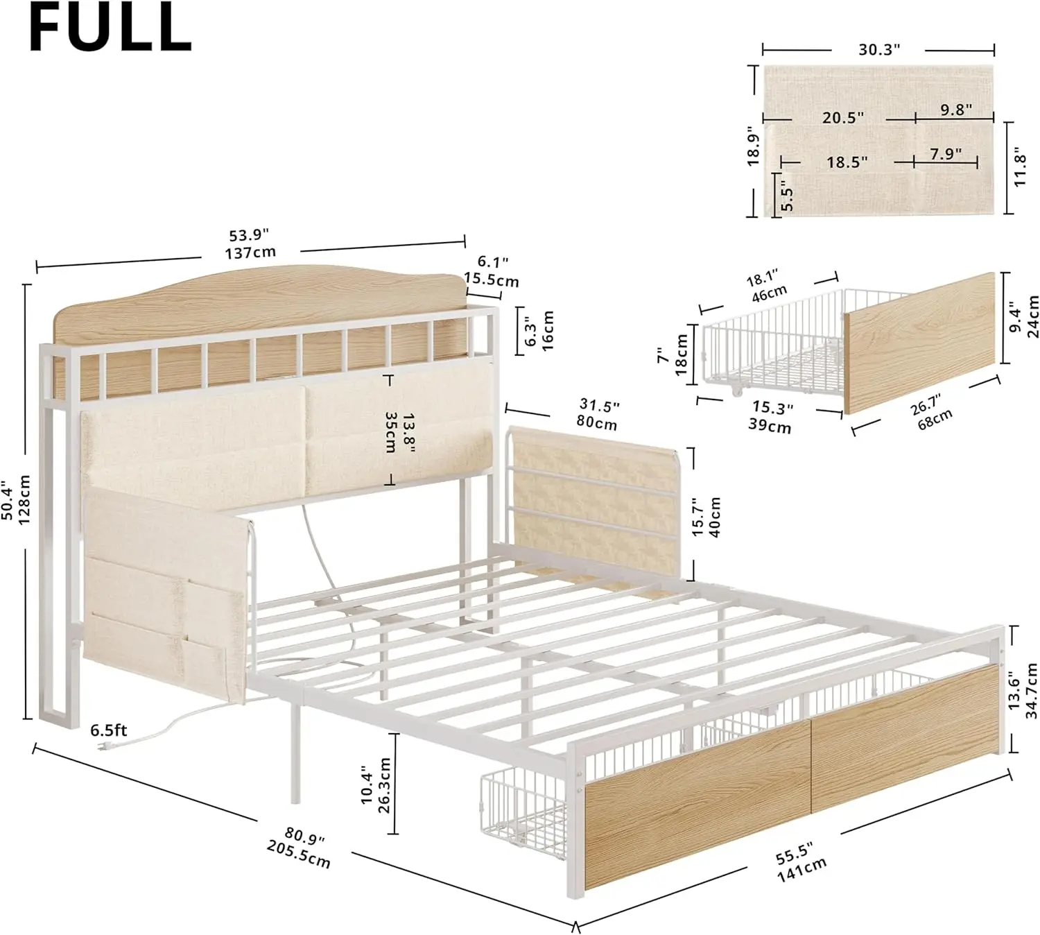 Volledig bedframe met reling en nachtkastje, multifunctioneel hoofdeinde met laadstation, duurzaam metalen platformbed, geluid