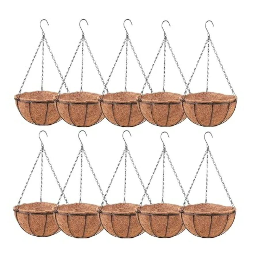 

Outdoor hanging baskets for balcony, porch, deck, garden decor; metal wire with black finish; 8-inch round coco-lined planters;
