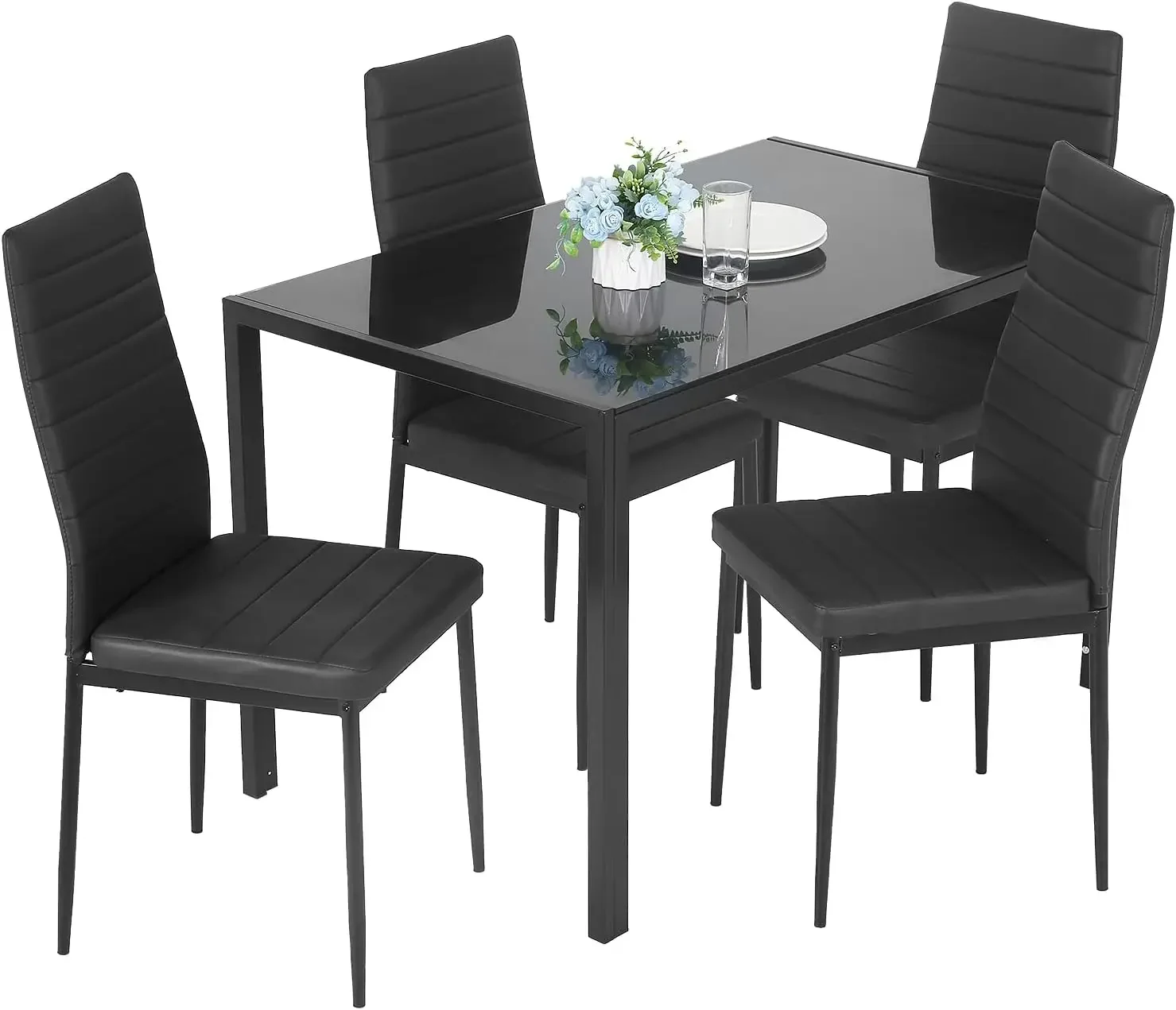 Table Set 5-Piece Dining Room Glass Tabletop Table &Upholstered Chairs for 4 Modern Kitchen Table with Chairs Space-Savin