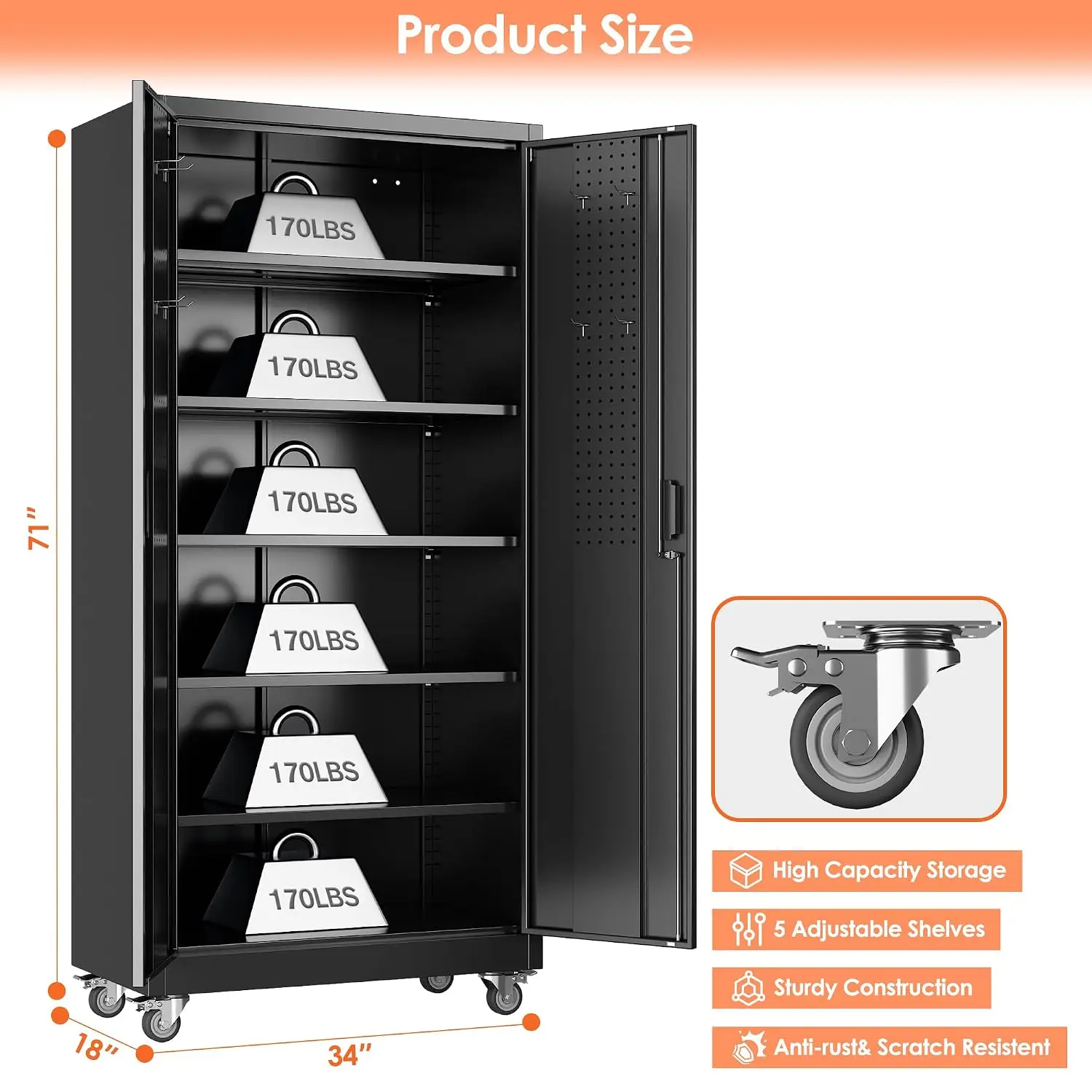 Metal Garage Storage Cabinets with Wheels,5 Adjustable Shelves 71