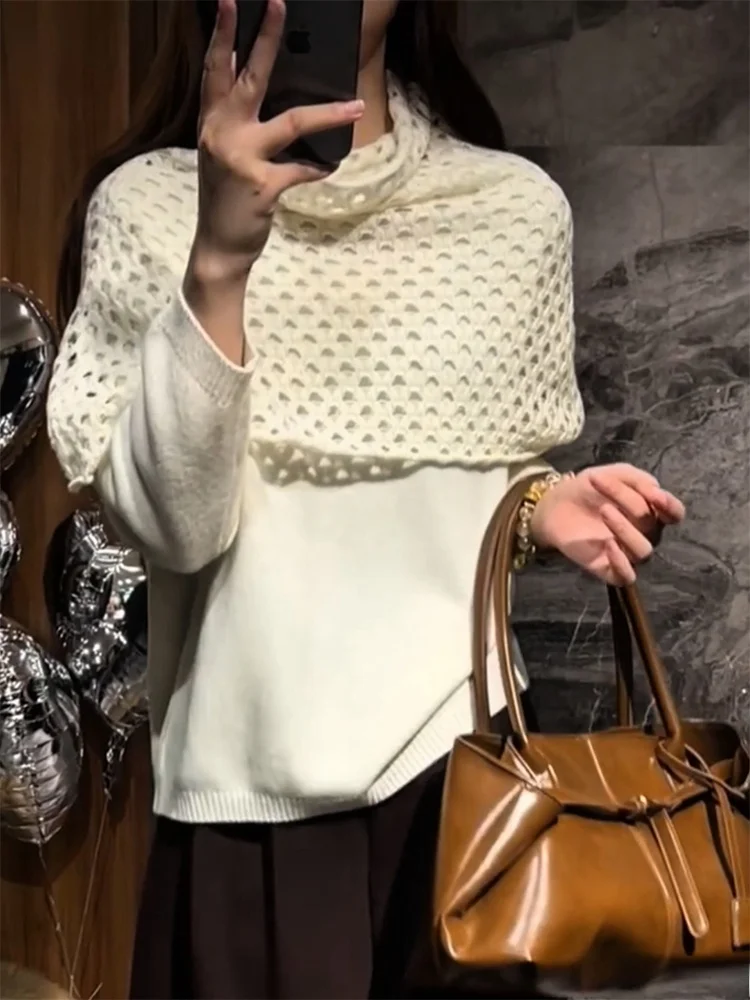 

Korean Sle High Faion Splicing Hollow out Knitted Sweater Autumn Winter plus Size Slimming Top for Women Ele Classy