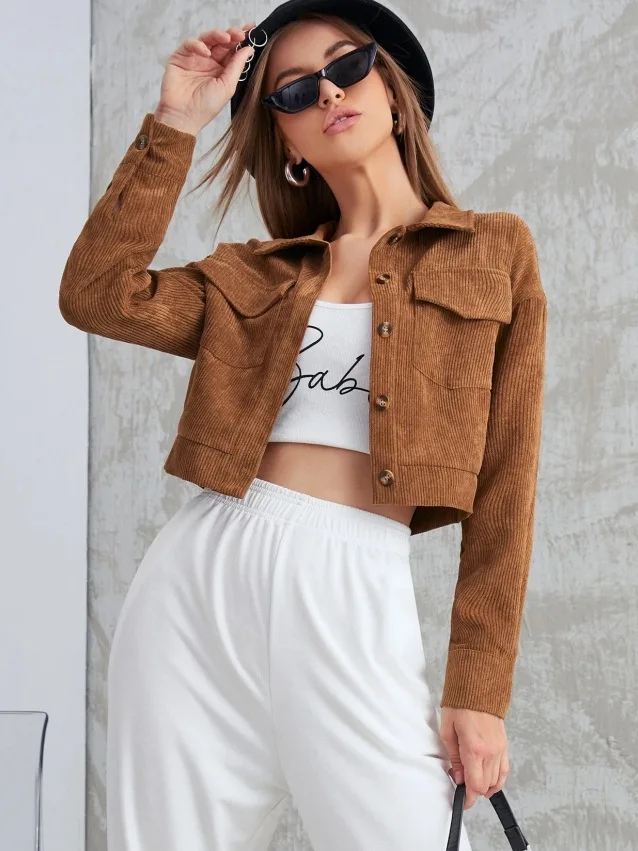 

Куртка из вельвета с рукавами-фонариками, однобортная, с отложным воротником, короткое пальто, повседневная осенне-зимняя верхняя одежда для женщин