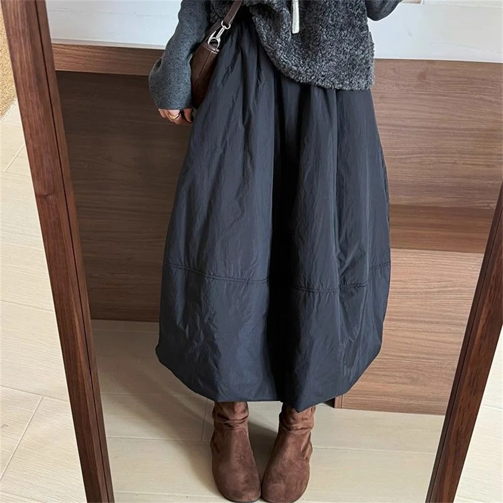 Vintage Winter Warmer Gesteppter Langer Rock für Damen, Lässiger Loser A-Linien-Stepprock, Einfarbiger Rock mit Hoher Taille, Koreanischer Stil für Kaltes Wetter