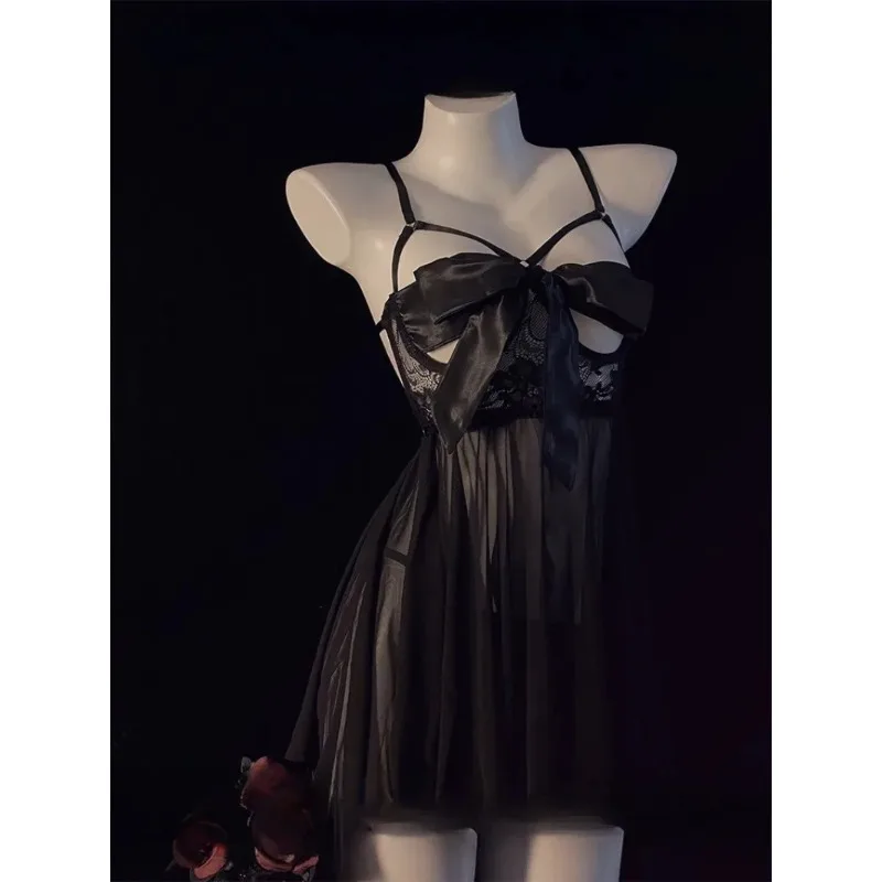 

Black Mesh Spaghetti Strap Nightdress for Women,Sexy Bow Tie Pure Desire Sleepwear,Romantic Small Chest Lingerie