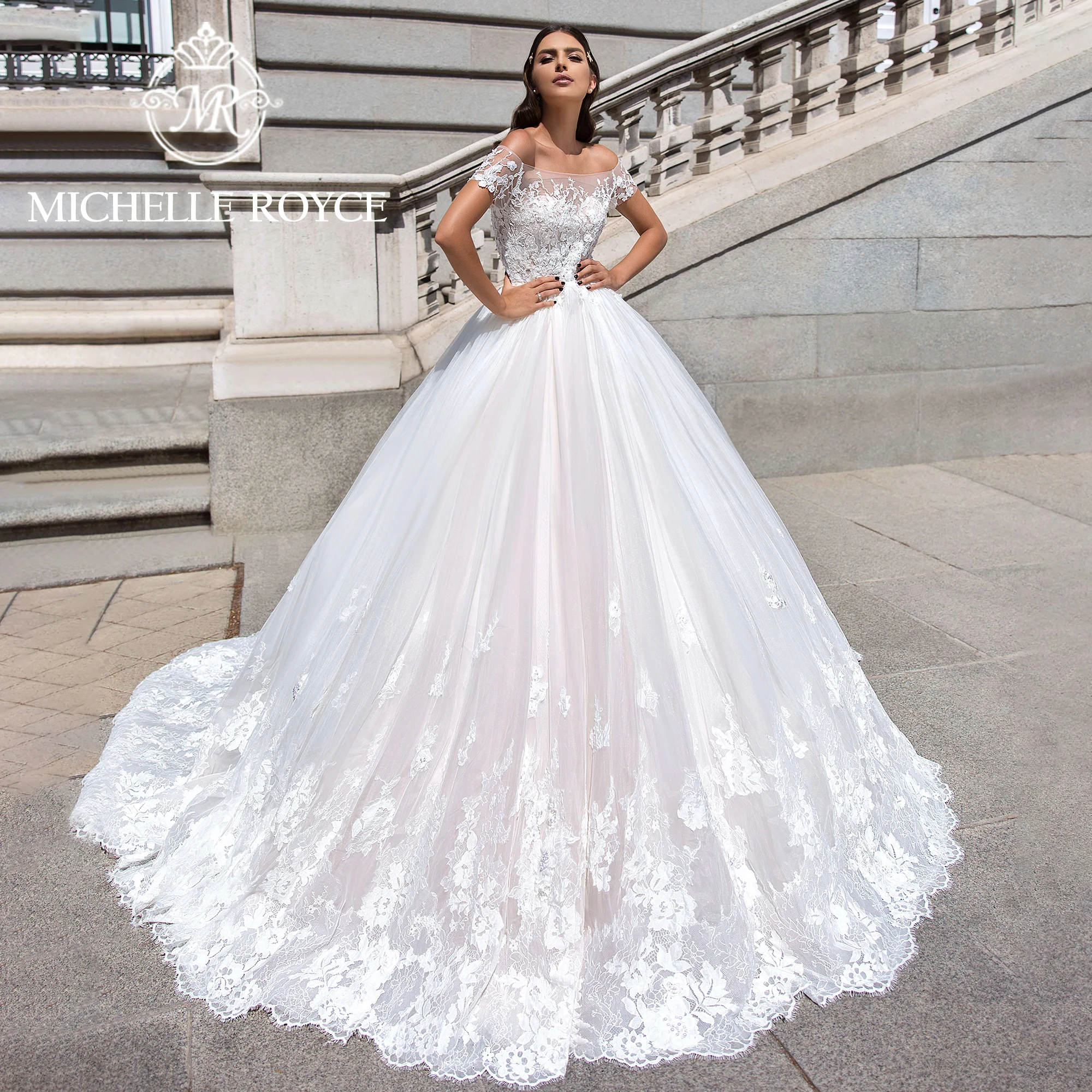 Michelle Royce-vestido De Novia De manga corta con cuello De barco para mujer, traje De boda con apliques, 2024