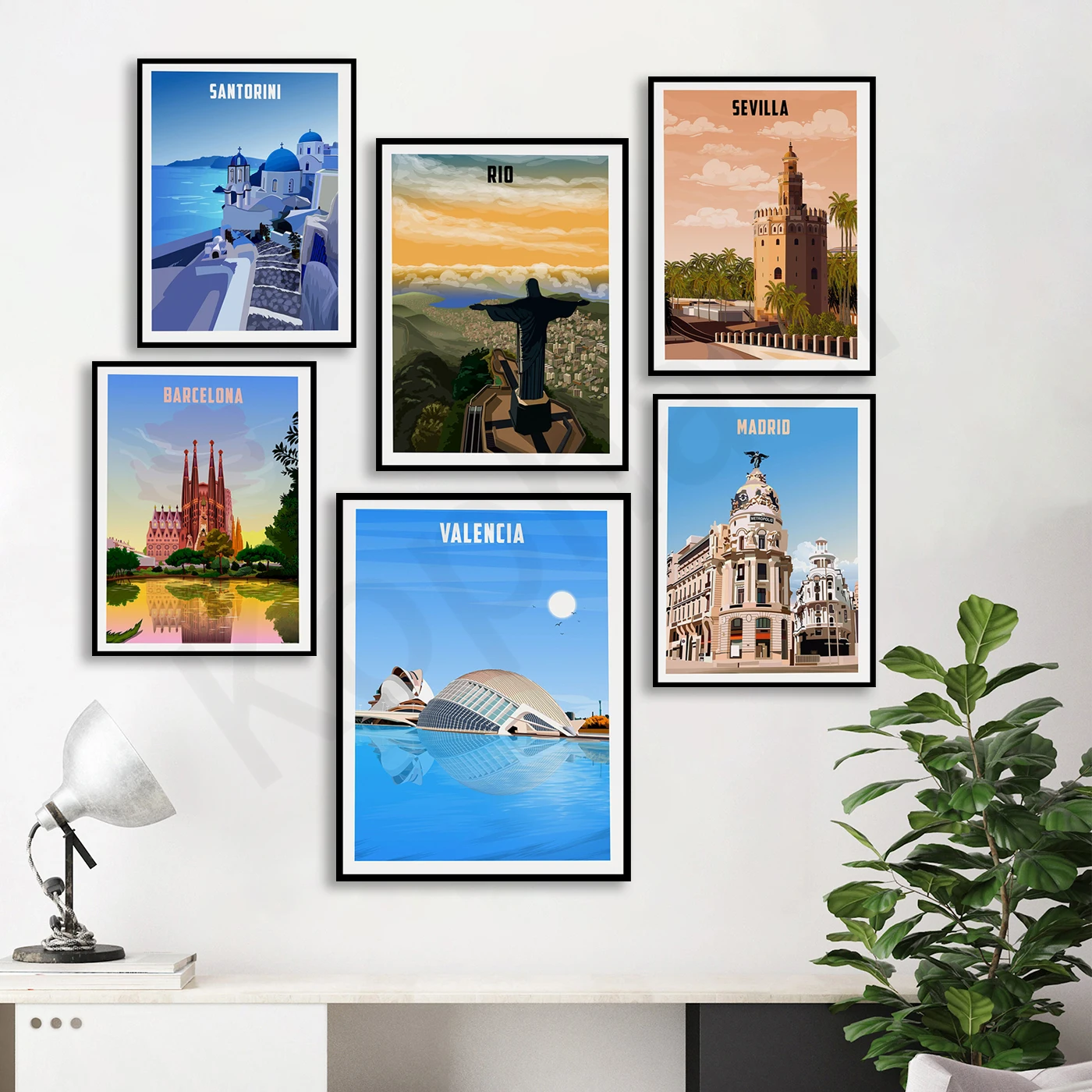 Edinburgh Porto Mostar Madrid Belgrade Malaga Helsinki Valencia   Santorini Rio Seville Barcelona. City Travel Landscape Poster