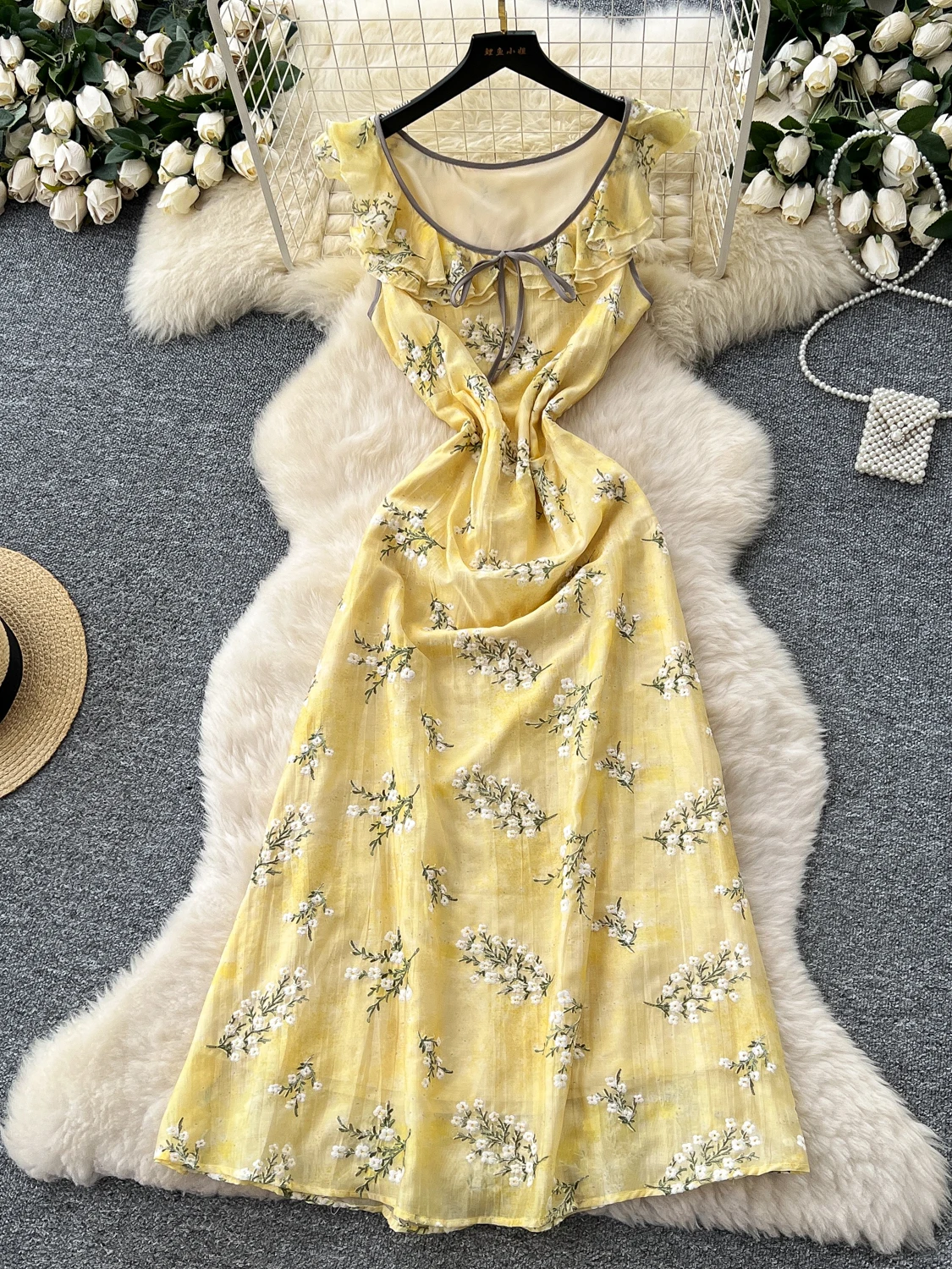 Ele Heavy Embroidery Waist-Cinching Ruffle Hem Vaion Dr Women's Korean Sle High Waist A-Line Summer Dr