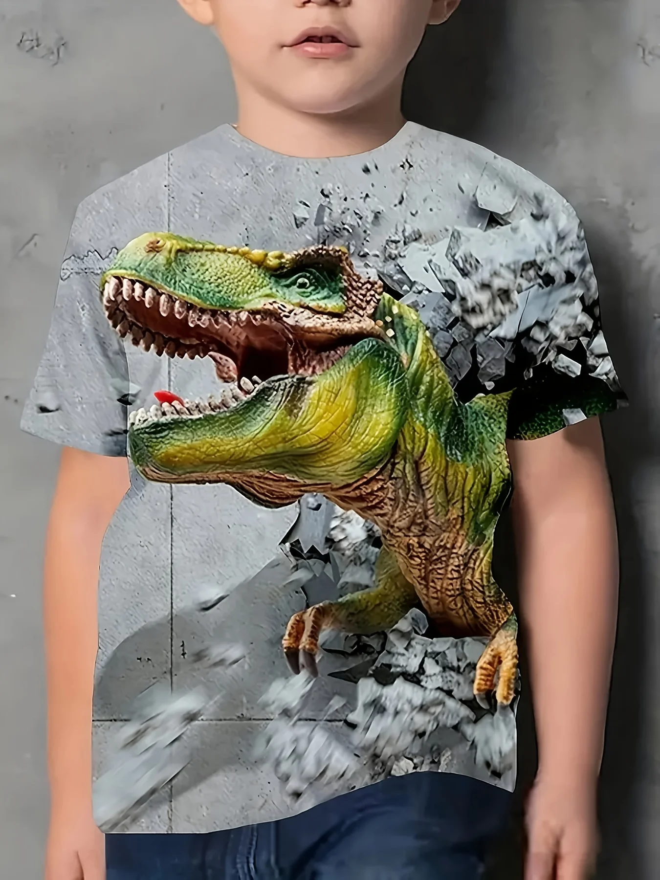Boys Green Dinosaur T‑Shirt, Kids Summer Short‑Sleeve Clothing, Breathable Cartoon Print Casual Tee