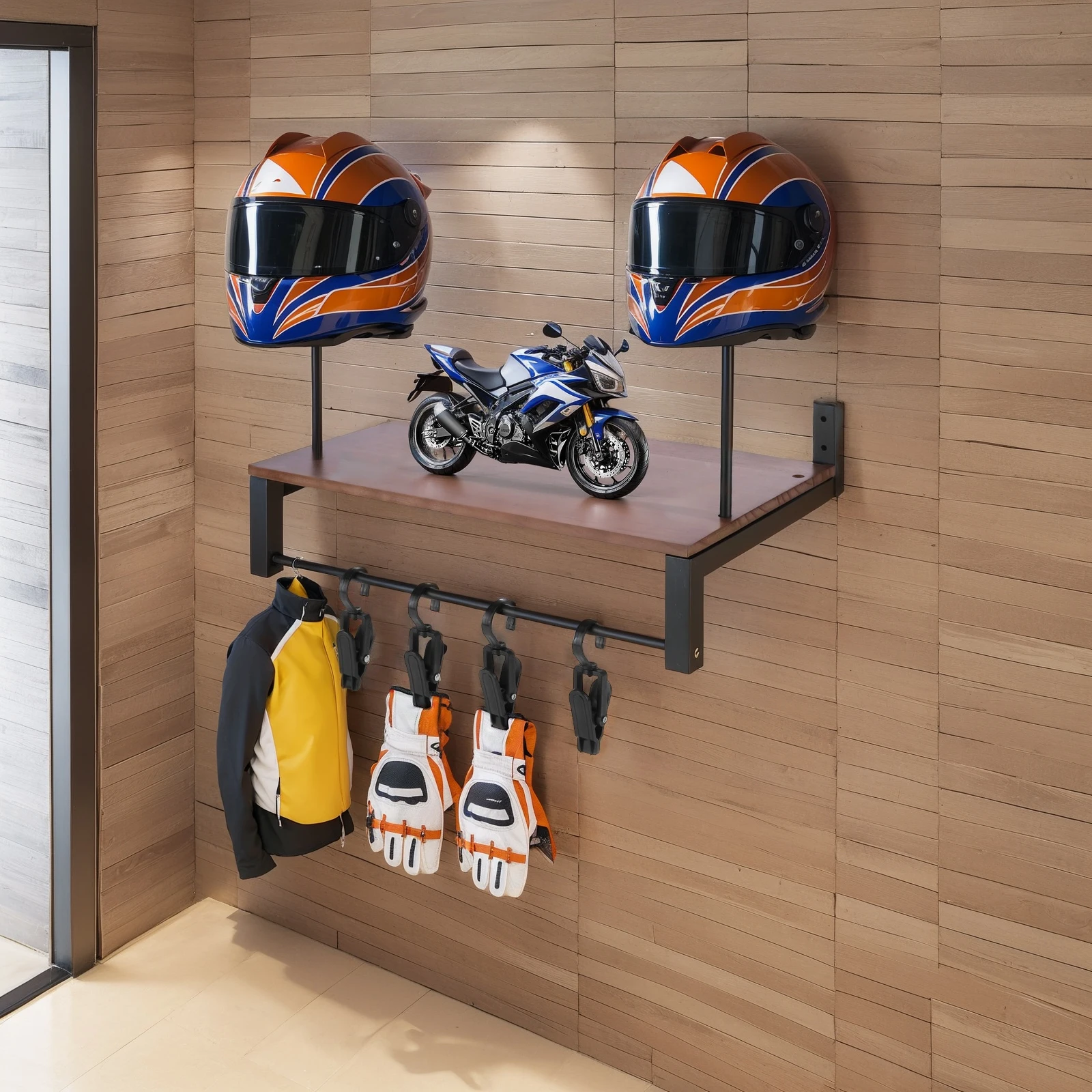 

Wooden Helmet Organizer Rack with Hooks Motorcycle Riding Glove Hook Leather Jacket Hanger Shelf for Motorcycle Gear Accessories