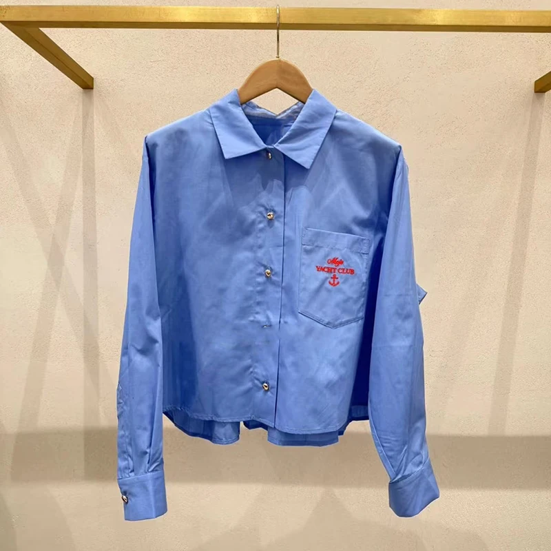 

Ele Pure Color Collar Embroidered Decorative irt Women's Spring Summer Casual Breathable Long Sve Cotton Blouse