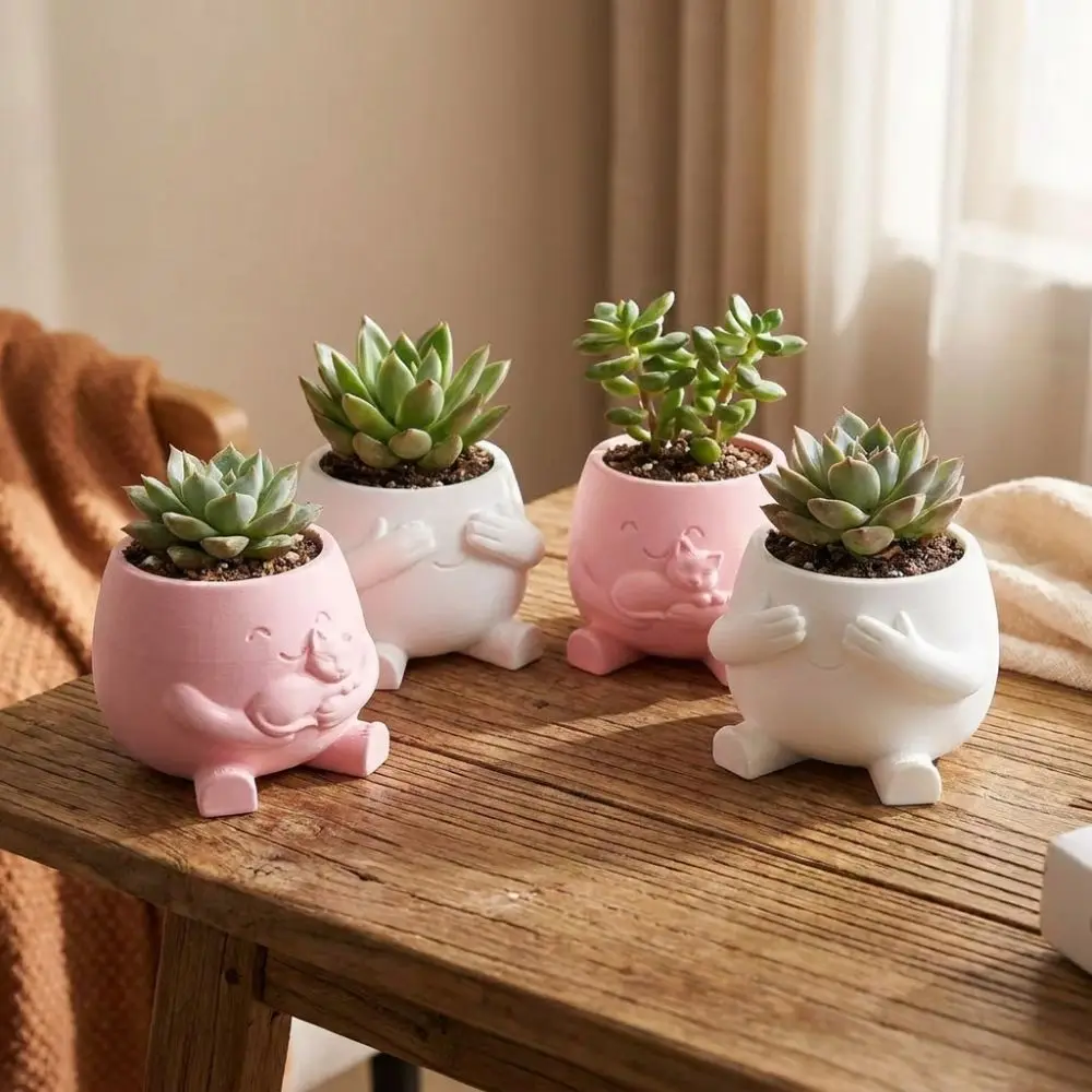 3D Printed Hugging Cat Succulent Planter Pot Happy Expression Cartoon Face Succulent Planter Plastic Lifelike