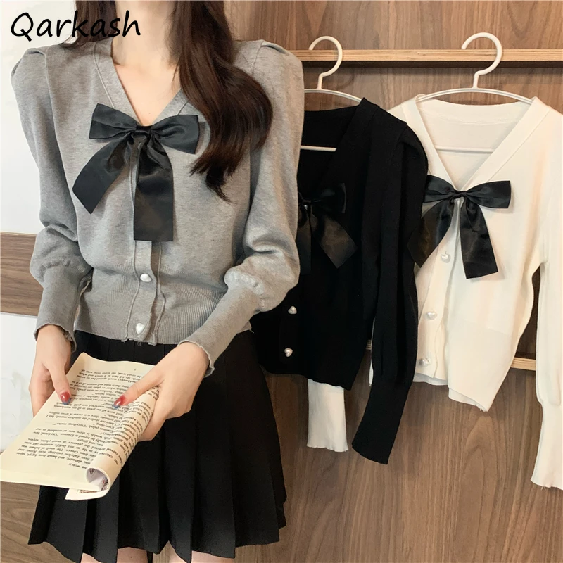 

Knitted Cardigan Women Sweet Design Bow Princess Long Sleeve Sweaters High Street Button Up Cropped Cardigans Girls Korean Style