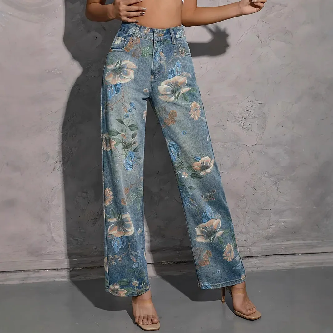 

Women's Blue Washed Floral Print Denim Baggy Pants Y2K Harajuku Lightweight Low Waist Loose Casual Wide Leg Jeans Trousers