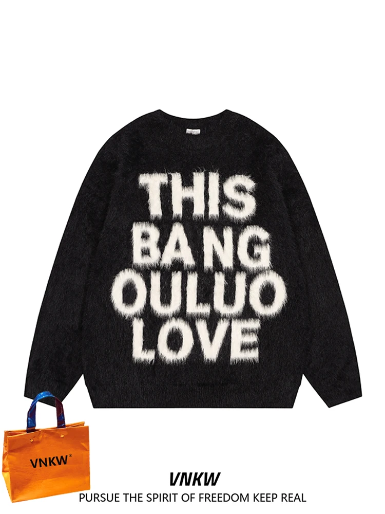 

Retro American Letter Embroidered Sweater Men's Autumn Winter Loose Lazy Sle Couple Knitted irt Mink Velvet Casual Top