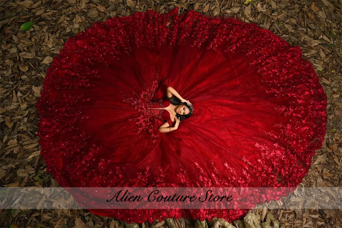 Luxury Red Princess Ball Gown Quinceañera Dresses Beads Flowers Appliques Crystal Birthday Party For 15th Girls Customized image 4