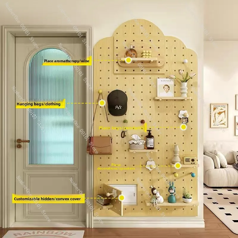 

Настраиваемая настенная перфорированная панель из массива дерева, декоративная ламинированная полка для хранения, деревянная полка для прихожей.
