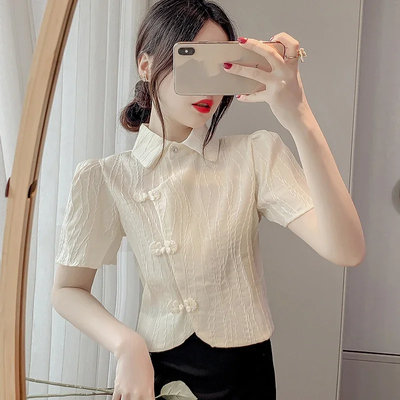 TPJB New Vintage Turndown Collar Short Blouse Women Elegant Chic Retro Buckle Crop Tops Woman National Style Cheongsam Shirts