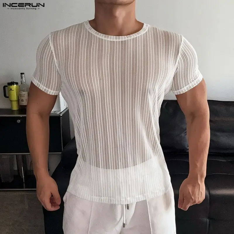 INCERUN Men's T Shirt Mesh See Through Sexy Striped O-neck Short Sleeve Male Tee Tops 2026 Streetwear Fashion Party Men Clothes