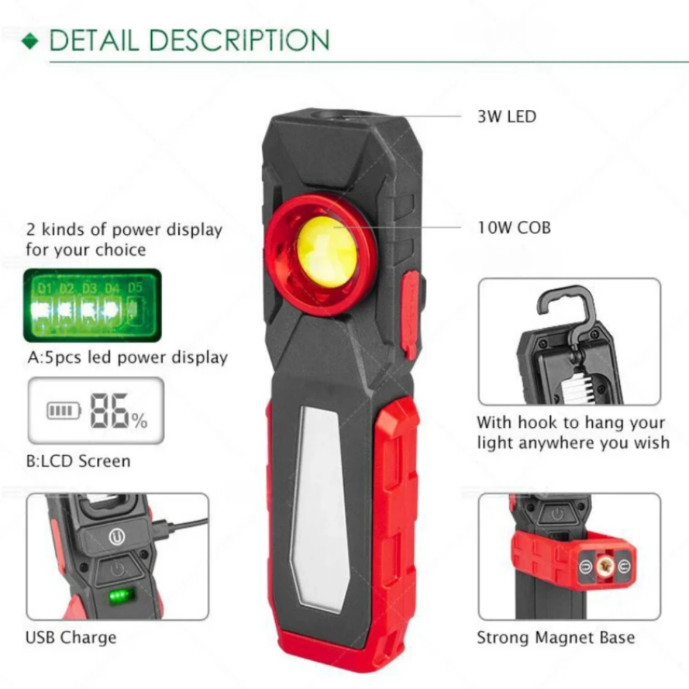 Lámpara de trabajo COB portátil recargable por USB con linterna magnética, luz de inspección, luz de mano con gancho, linterna para acampar al aire libre