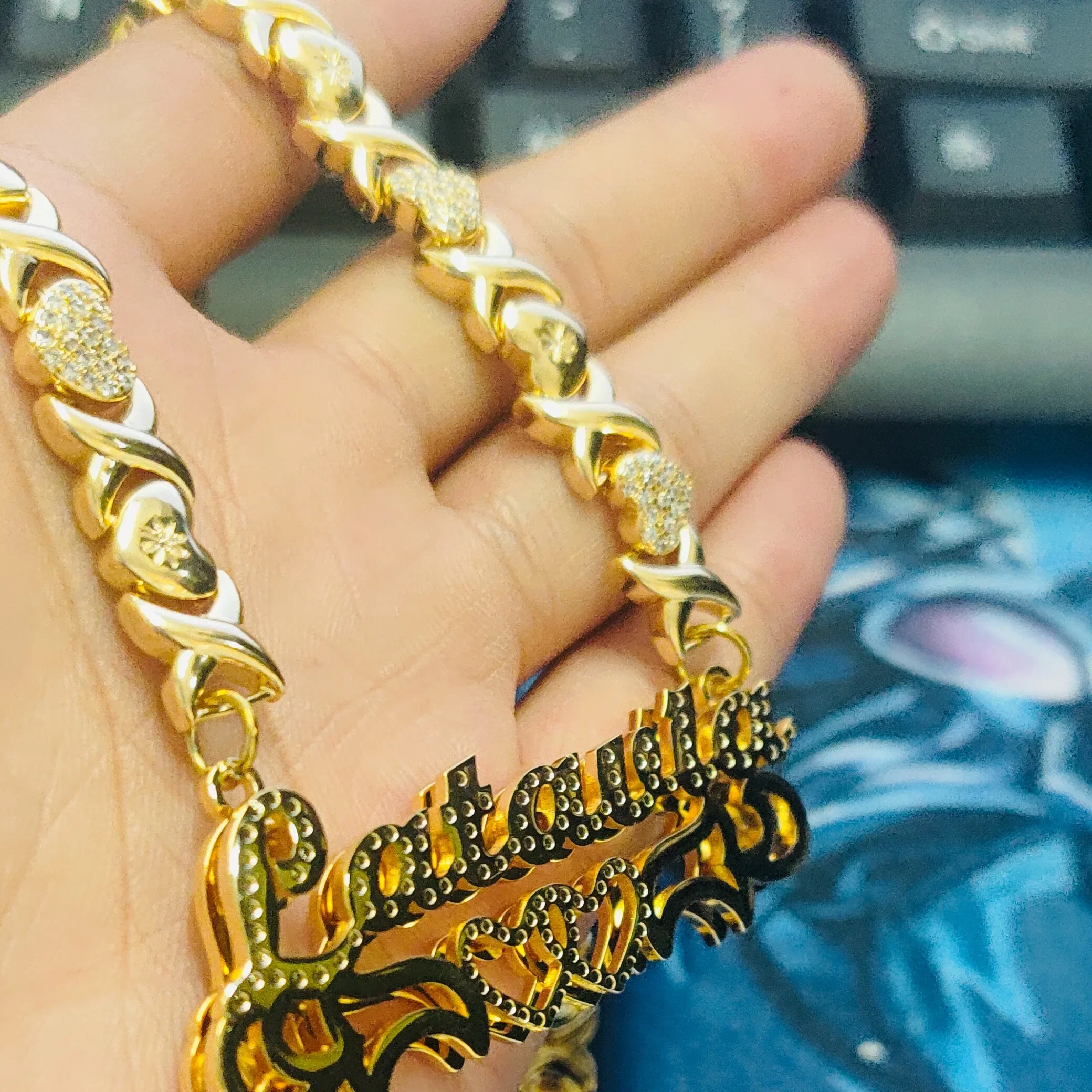 Colar com nome personalizado, banhado a ouro, colares com nome, coração de pelúcia, corrente xoxo, camada dupla, dois tons com coração