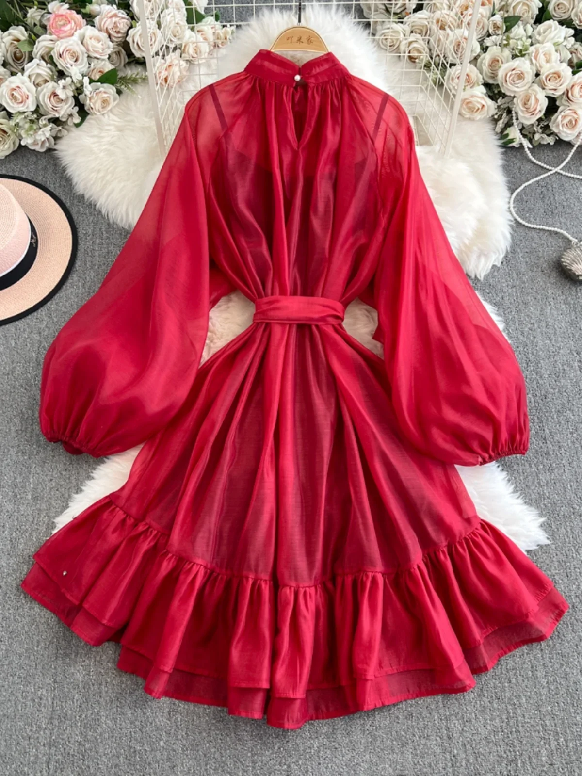 فستان فرنسي أنيق بحافة مكشكشة وأكمام واسعة من الخرز برباط الخصر شيفون متوسط الطول ملابس نسائية فستان عتيق 2025