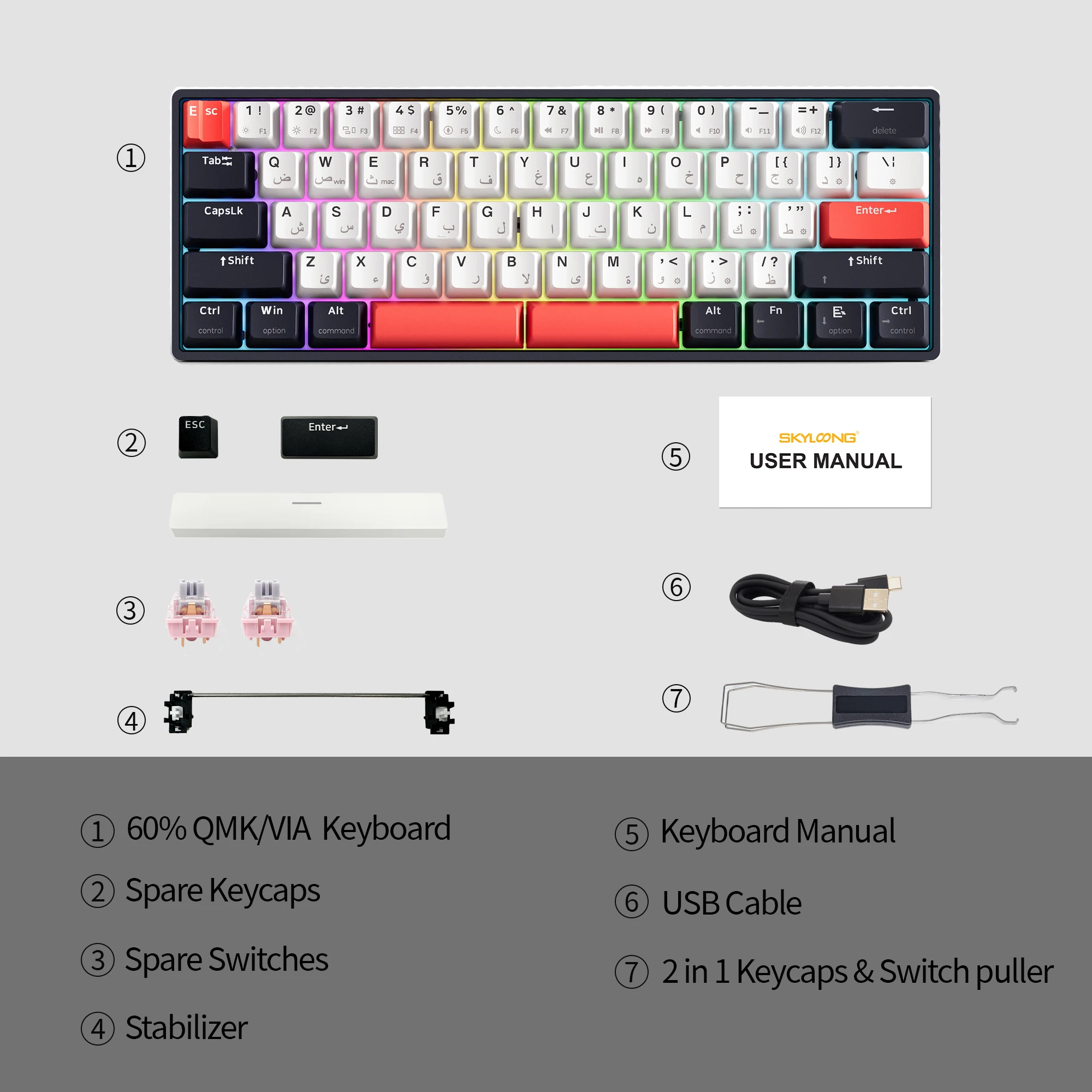 SKYLOONG GK61 Arabic Keyboard QMK/VIA 60% Low Profil Wired Computer Mechanical Game Keyboard PBT Keycap North Face RGB LED