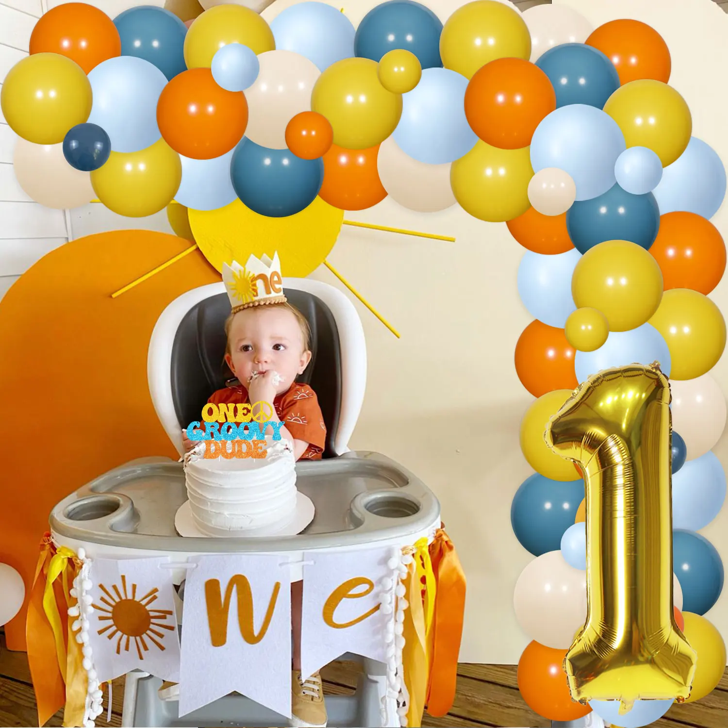 One Groovy Dude Birthday Decor Balloon Garland Arch Kit Cake Topper for Baby Boy Girl First Birthday Party Supplies