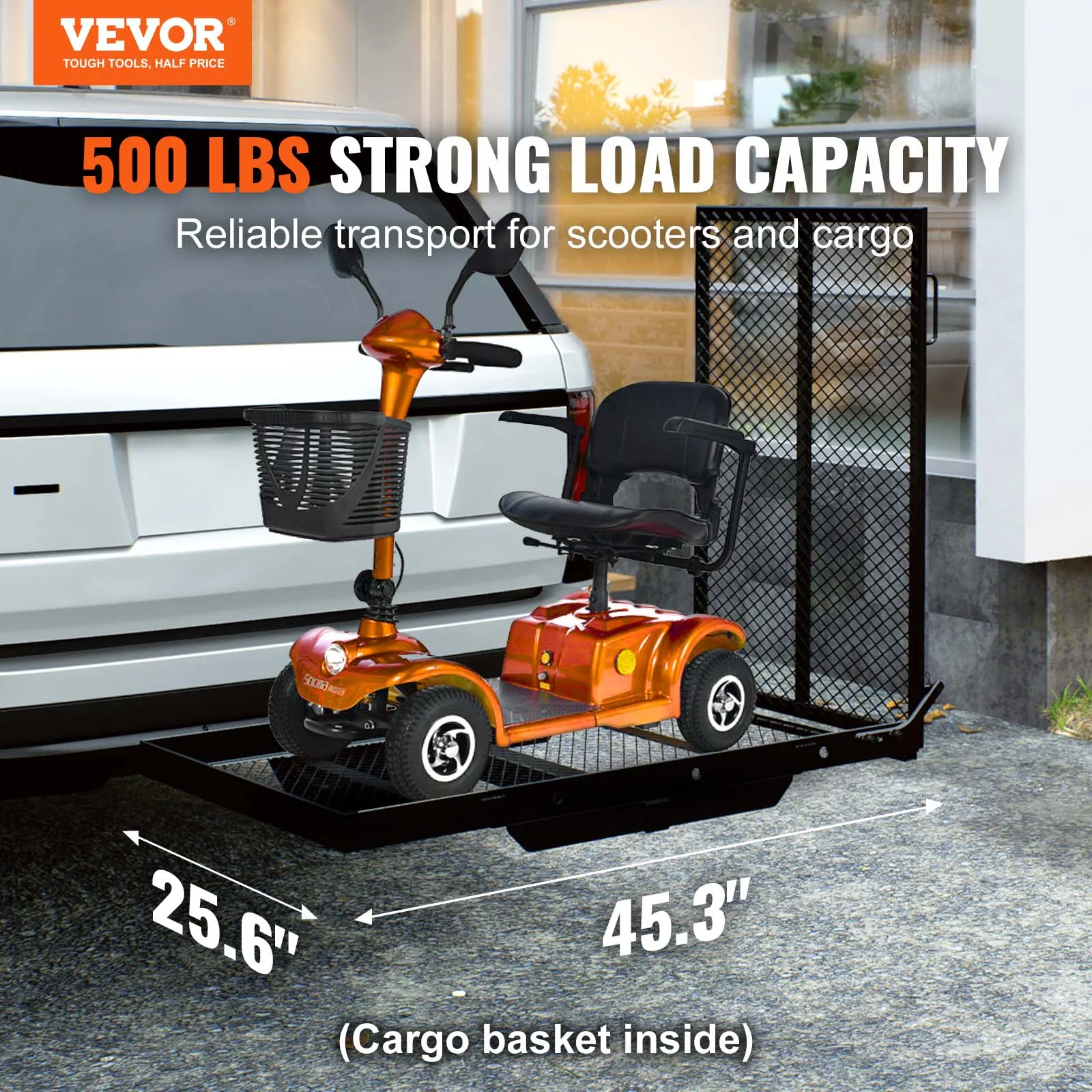 VEVOR Hitch Mount Cargo Carrier Hitch Cargo Rack with Folding Ramp 500LBS Mobility Scooter Carrier Fit 2