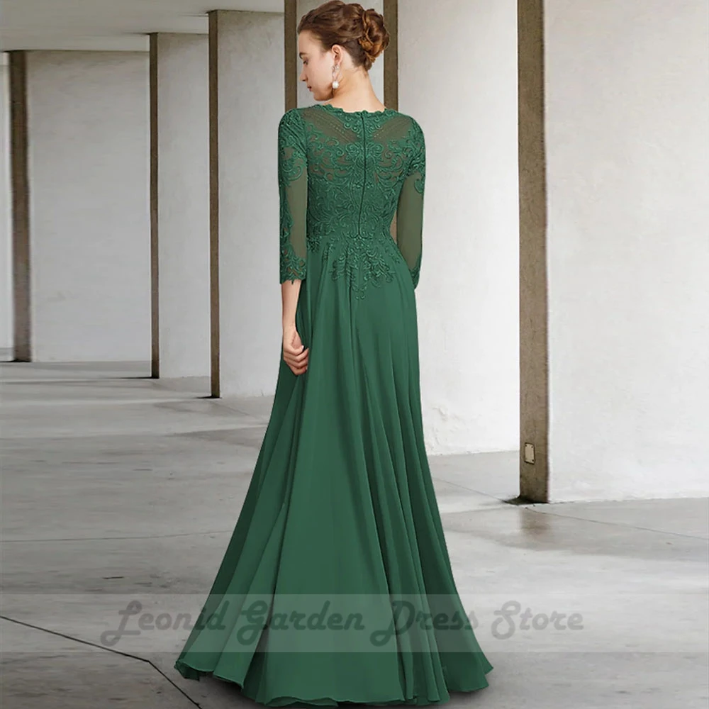 Vestidos de Madre de la novia con cuello de joya verde, apliques de manga larga, 2023 mangas, elegante hasta el suelo, 3/4