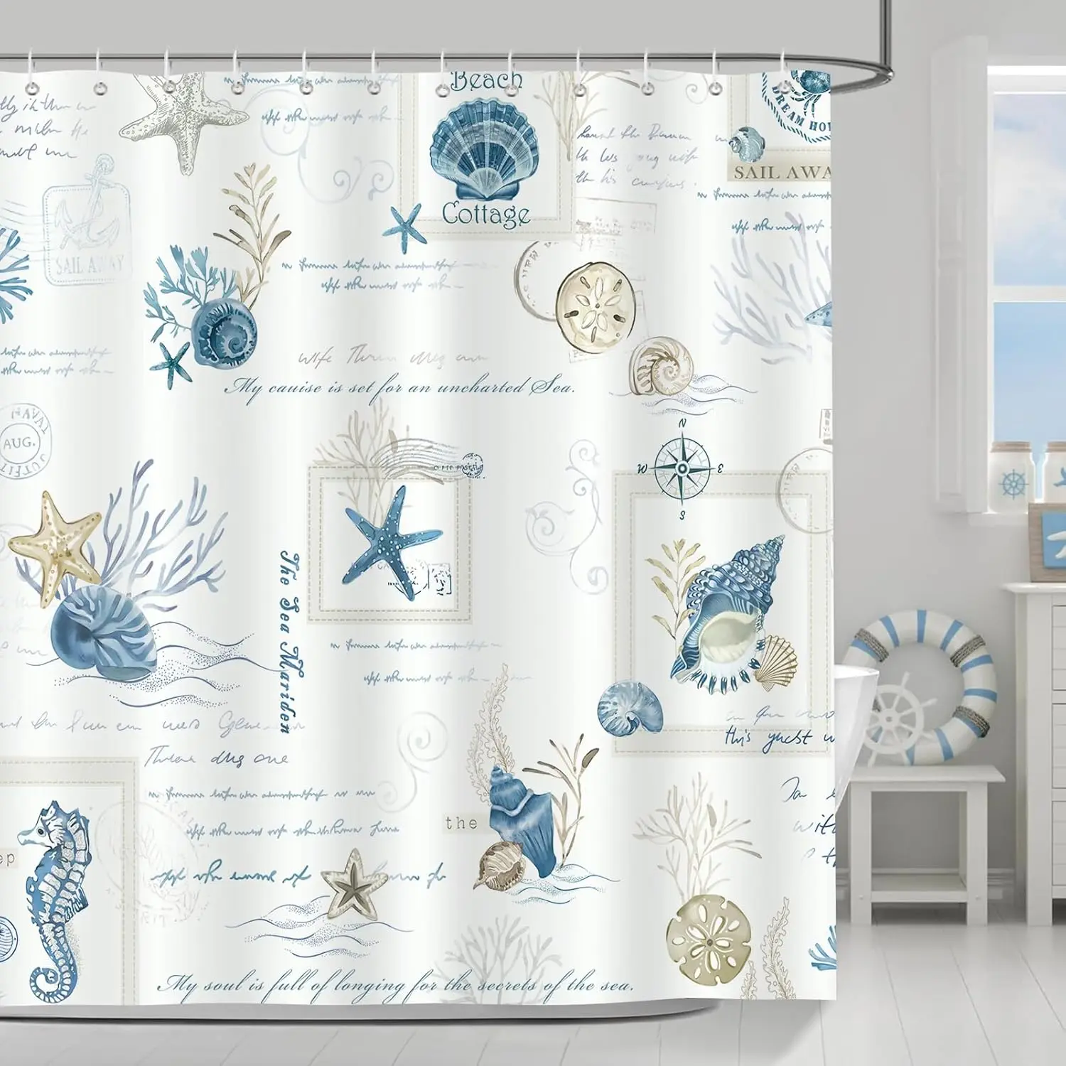 Nautical Coast Blue Starfish Shell Shower Curtain 180 x 180cm Polyester Waterproof Mildew Washable Shower Curtain with 12 Hooks