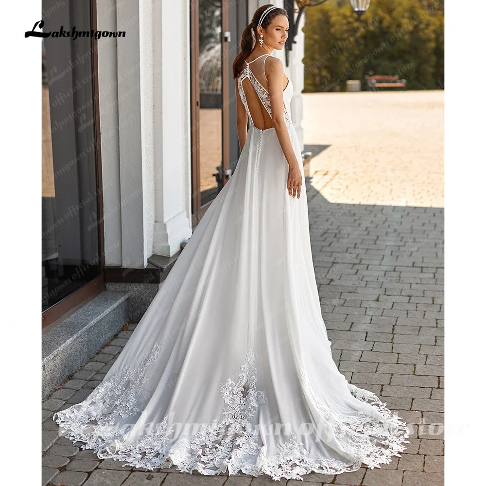 

V-Neck Ivory Wedding Dress A Line Women dress Lace And Chiffon Backless Wedding Gown With Court Train Vestido