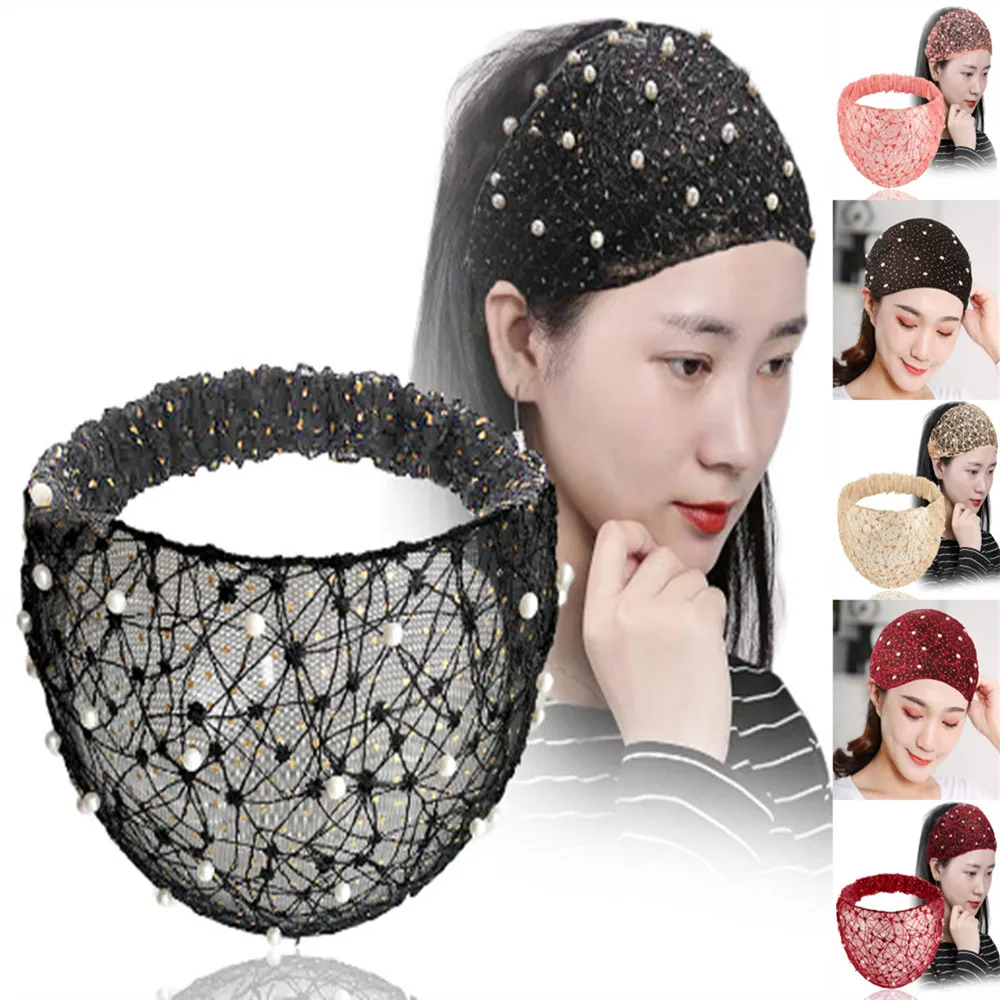 

Women headband Pearl Lace Net yarn hollow Headwear headwrap stretch turban H015