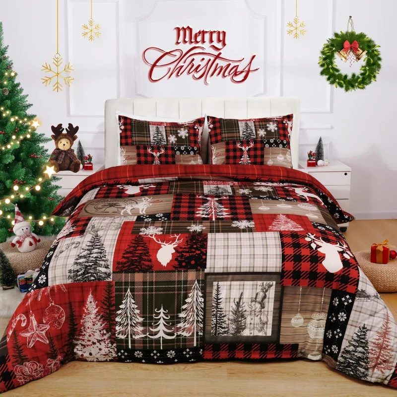 

Christmas duvet cover extra large red green country grid holiday decoration (1 duvet cover, 2 pillowcases, no duvet)