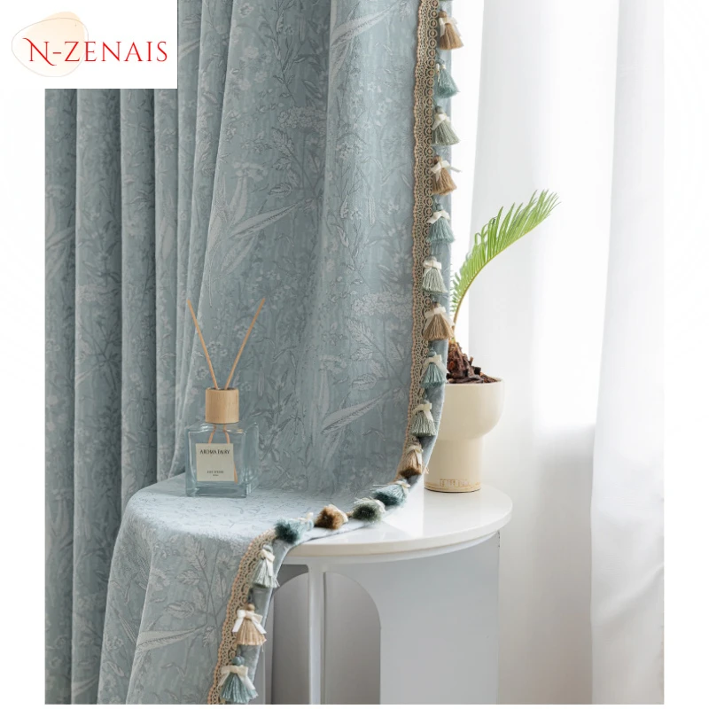 French Relief Lace Blue Luxury Curtains for Living Room Bedroom Dining Blackout Thicken Elegant European White Tulle Precision