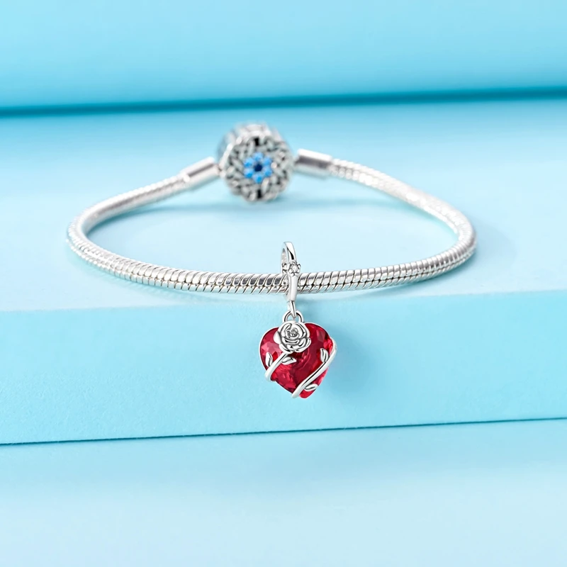 925 Sterling Silver Charms Pendant CZ Zircon Red Love Rose Pendant Dangle Fit Original Bracelet DIY Women Jewelry Gift - view 4