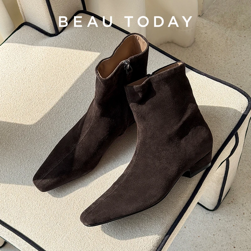 BEAUTODAY Ankle Boots Women Cow Suede Leather Solid Color Square Toe Zipper Low Heel Casual Ladies Shoes Handmade 03180