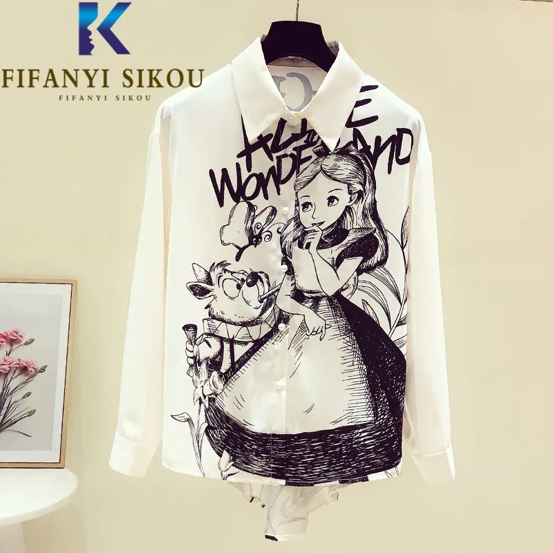 Cartoon Print Shirt Women Single Breasted Lapel Long Sleeve White Chiffon Shirts Asymmetrical Loose Womens Tops And Blouses