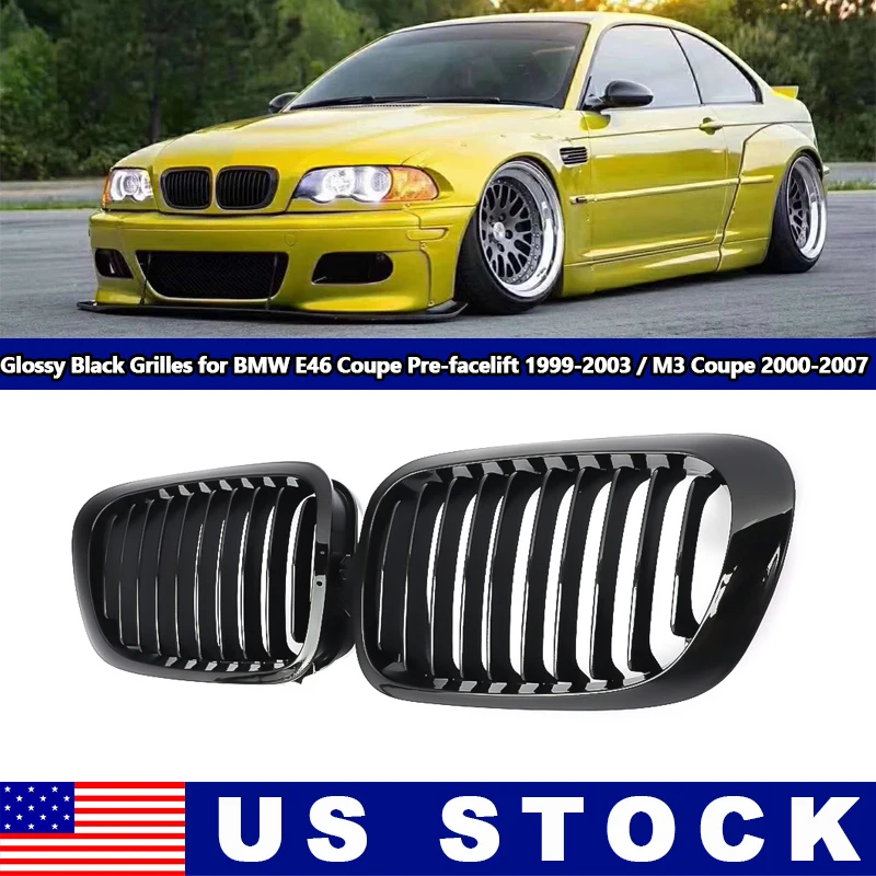 

One Pair Front Grilles Gloss Black Grill Kidney Grille Racing Grills For BMW E46 99-03 320i 323i 325i 328i M3 2000-2007 Auto