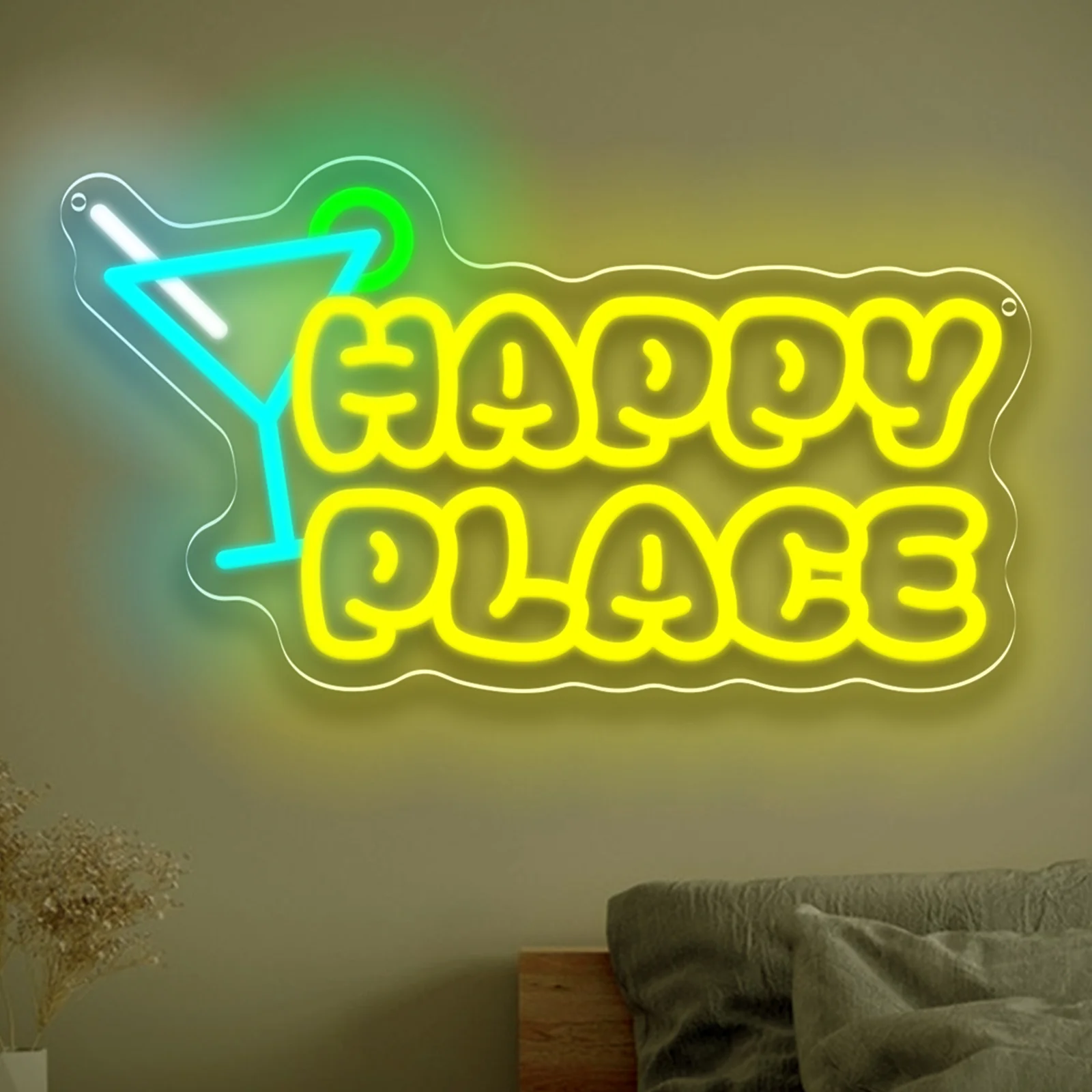 

Happy Place Неоновая вывеска USB с регулируемой яркостью Светодиодная неоновая вывеска для напитков Бар Человек Пещера Спальня Отель Магазин Игровая комната Вечеринка Настенный декор