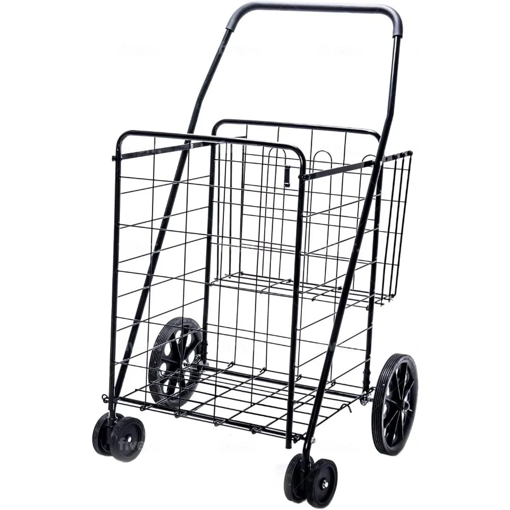 

LS Jumbo Deluxe Foldable Utility Shopping Cart with Dual Swivel Wheels and Double Basket- 200 lb Capacity