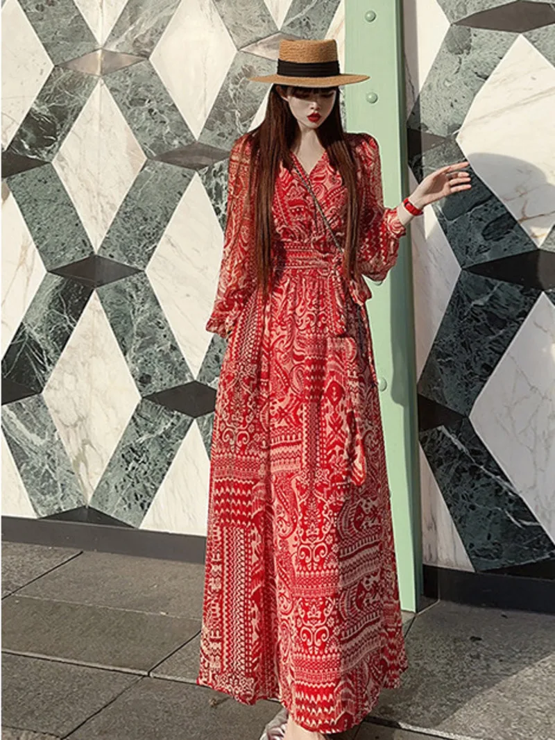 

Long Sleeves Sexy New Autumn Dress V-neck Split Young Women's Fragmented Flower Korean Edition Waist Wrap Dress New Red FRAE