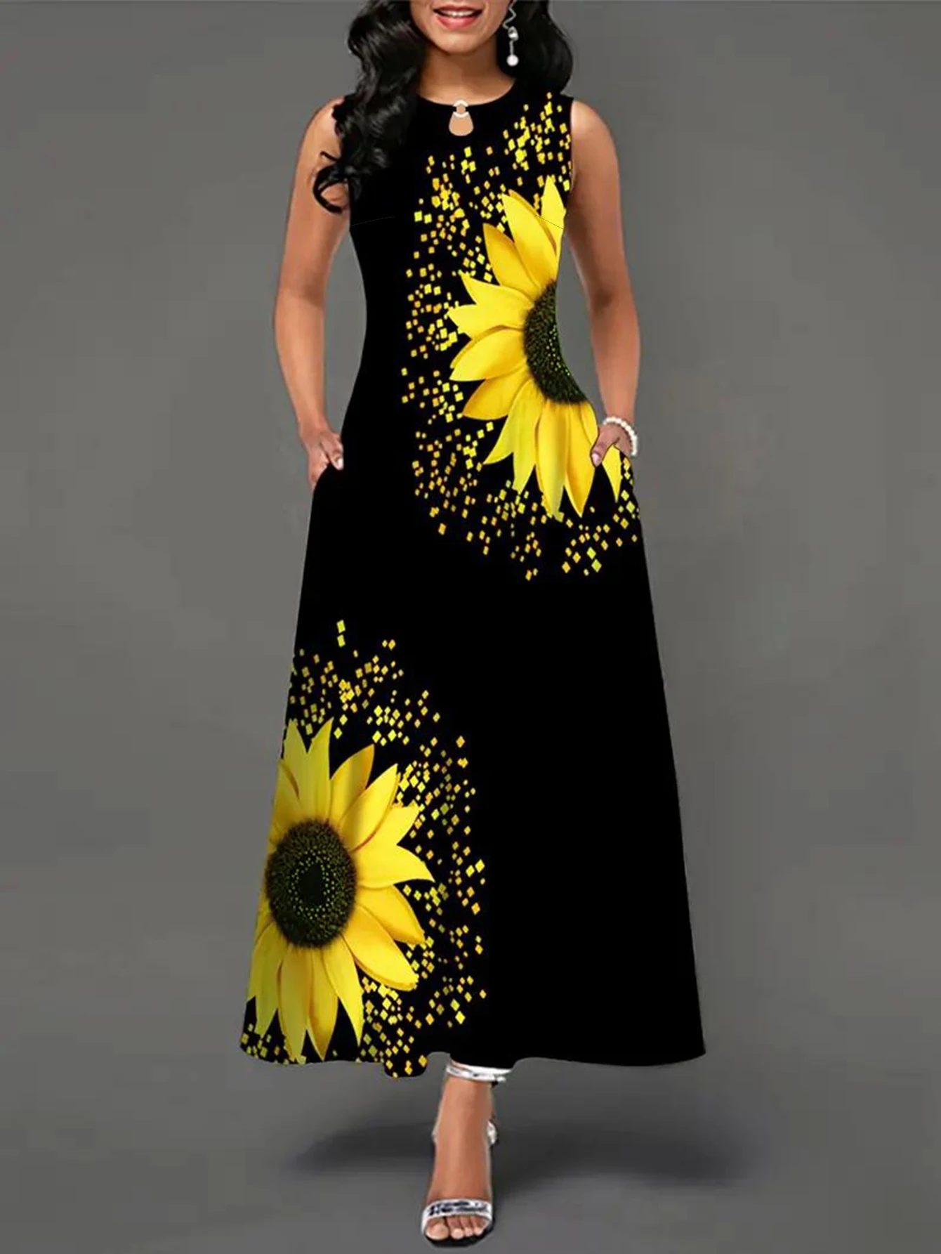 Chic Sunflower Sleeveless Maxi Dress - Vintage Floral, Teens\' Casual All-Season Wear with Pocket